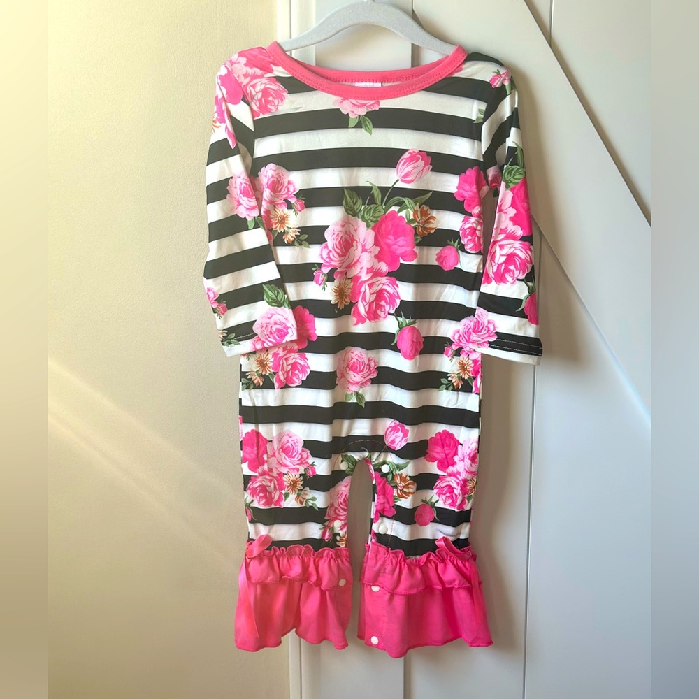 Pretty Pink Floral/Black & White Striped Romper - Size 9-12 months